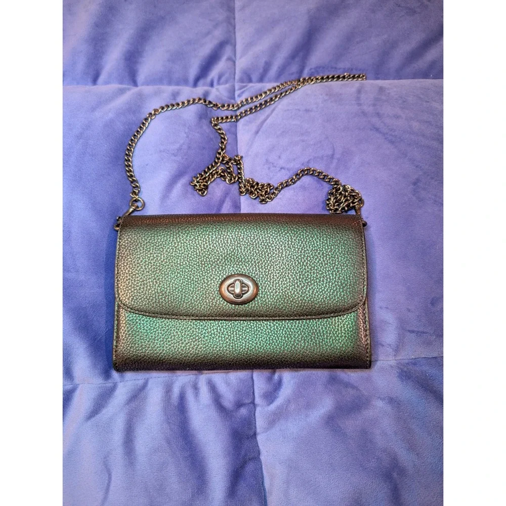 Coach Hologram Oil Slick Turnlock Crossbody Clutch Pebbled Leather RARE